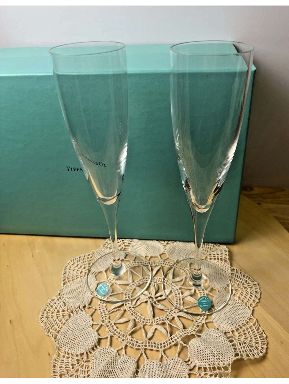 Vintage Tiffany & Co. Crystal Champagne Flutes Tiffany Box & Stickers Germany